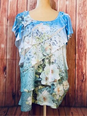 Women’s Large Blouse Decorated Originals Floral Tiered Ruffles Short Sleeve Soft